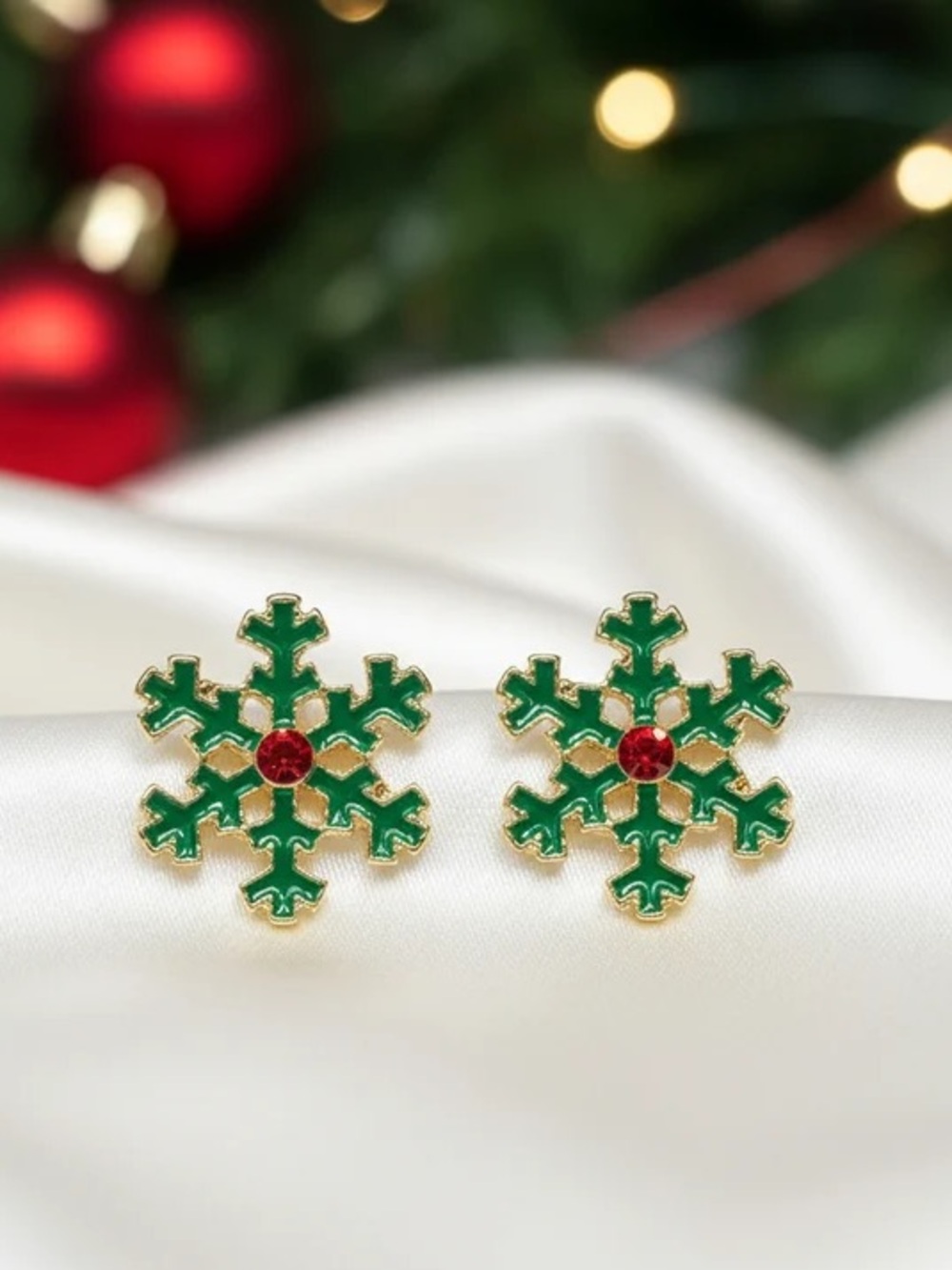 Green Snowflake Stud Earrings with Red Crystal Accent